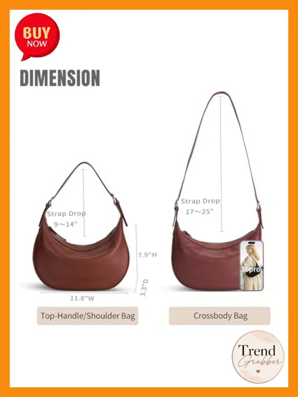 Genuine Leather Hobo Crossbody Bag with Two Adjustable Straps